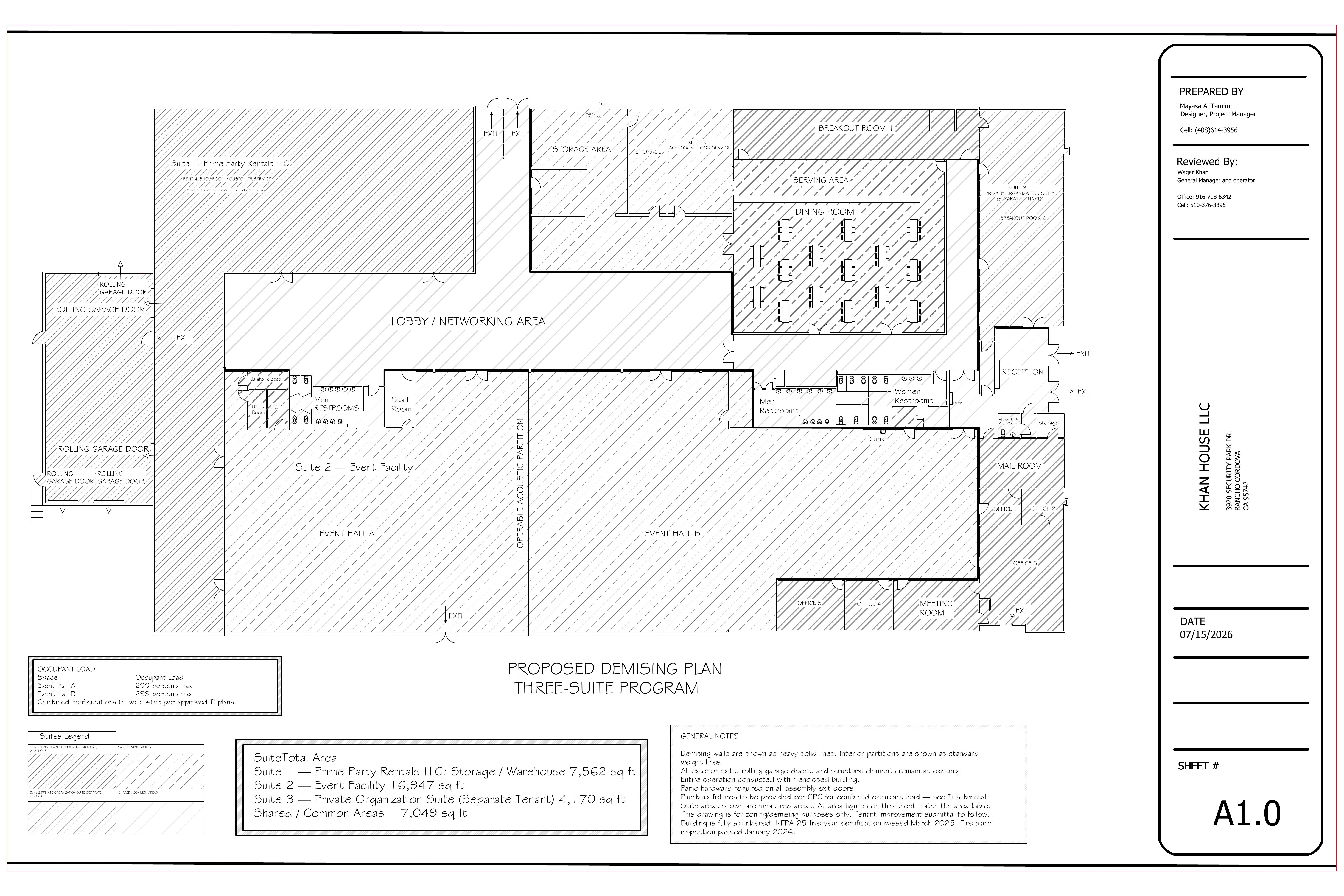 Exhibit A — Proposed Demising Plan for 3920 Security Park Drive, showing Suite 1 (Prime Party Rentals LLC), Suite 2 (Event Facility with Halls A & B), Suite 3 (Private Organization Suite), and shared common areas.