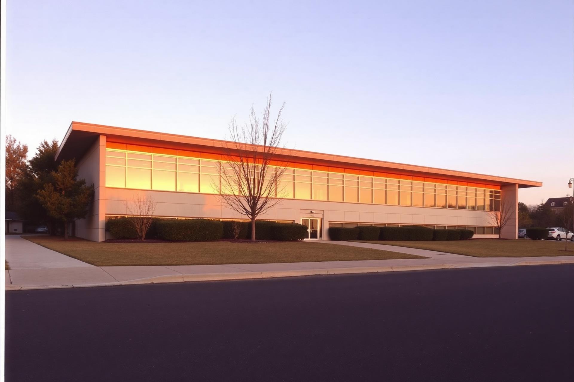 Exterior of the Khan House facility at golden hour.